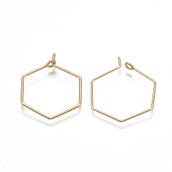 Real 18K Gold Plated Brass Earring Hooks, Hexagon, Nickel Free, Real 18K Gold Plated, 20 Gauge, 26~26.5x20~20.5x0.8mm, Pin: 0.8mm