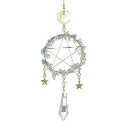 Aquamarine Wire Wrapped Natural Aquamarine Chips & Brass Ring Pendant Decoration, with Glass Cone Charm, for Home Hanging Decoration, Moon & Star, 310~312mm, Hole: 8mm