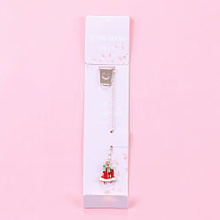 Red Alloy Enamel Christmas Bell Charm with Long Chain Tassel Bookmark, Smiling Face Clips Bookmark for Women, Light Gold, Red, 120mm