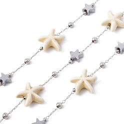 Stainless Steel Color Handmade Synthetic Turquoise Starfish & 304 Stainless Steel Star Beaded Chains, with Satellite Chains, Soldered, with Spool, Stainless Steel Color, 14x13.5x5mm, 7.5x7x3mm, 2x1x0.3mm