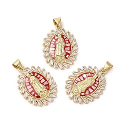 Красный Овальные подвески с латунными микропаве Девы Марии и кубическими циркониями, с эмалью и ракушкой, долговечный, без свинца и без кадмия, реальный 18 k позолоченный, красные, 25x18.5x3 мм, отверстие : 5x3.5 мм