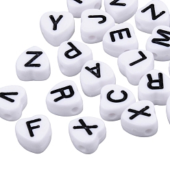 White White Opaque Acrylic Enamel Beads, Heart with Mixed Black Letters, 7x7x4mm, Hole: 1.5mm, about 1200pcs/200g