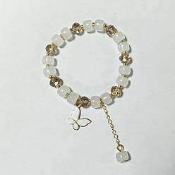 Белый Дым Браслеты из сплава с эмалью в форме бабочки, Браслеты из искусственного нефрита и стеклянных бусин для женщин, серый, внутренний диаметр: 1-7/8 дюйм (4.8 см)