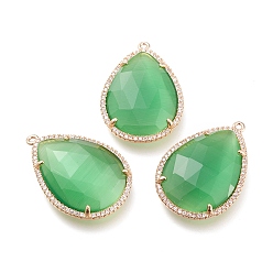 Green Faceted Cat Eye Pendants, with Brass Open Back Settings and Micro Pave Clear Cubic Zirconia, Teardrop, Golden, Green, 30x21x6mm, Hole: 1.2mm