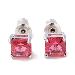 Индийский Красный Серьги-гвоздики из латуни с микропаве из кубического циркония, долговечный, квадратный, платина, Индийская красная, 6.5x6.5 мм