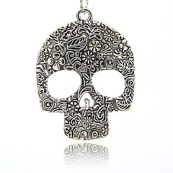 Antique Silver Day of the Dead Ornaments Tibetan Style Alloy Large Pendants, Sugar Skull Pendant for Necklace Making, For Mexico Holiday Day of the Dead, Antique Silver, 66x49x4mm, Hole: 3mm