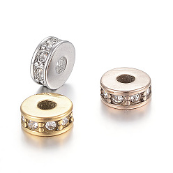 Mixed Color 304 Stainless Steel Bead Spacers, with Rhinestone, Flat Round, Mixed Color, 7x3mm, Hole: 2.5mm