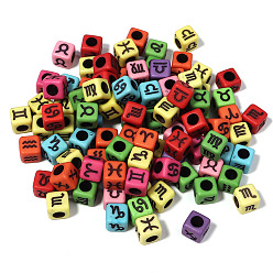 Mixed Color Opaque Acrylic Beads, Cube with Random Twelve Constellations, Mixed Color, 7x7x7mm, Hole: 3.8mm, 50pcs/bag