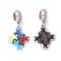 Mixed Color 304 Stainless Steel European Dangle Charms, Large Hole Pendants, with Enamel, Stainless Steel Color, Puzzle, Mixed Color, 25mm, Hole: 4.5mm