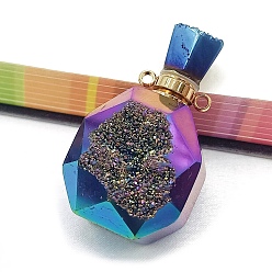Rainbow Plated Electroplated Natural Druzy Agate Openable Perfume Bottle Pendants, with Golden Tone Brass Findings, Bottle Charm, Rainbow Plated, 40x20mm