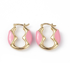 Pink Серьги-кольца из латуни с покрытием из настоящего золота 18k для женщин, с эмалью, долговечный, без свинца и без кадмия, розовые, 24.5x21x6 мм, штифты : 1~1.4x0.8 мм
