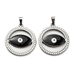 Black 304 Stainless Steel Pendants, with Enamel, Flat Round with Evil Eye Charm, Stainless Steel Color, Black, 28.5x25.5x3mm, Hole: 5x3.5mm