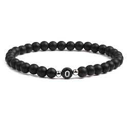 Dumb Black Stone O 6mm Matte Agate Stone Beaded Letter Bracelet for Men and Couples Jewelry