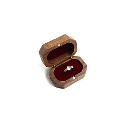 Dark Red Magnetic Wooden Ring Storage Boxes, with Flip Cover & Velvet Inside, Octagon, Dark Red, 6x4x3cm