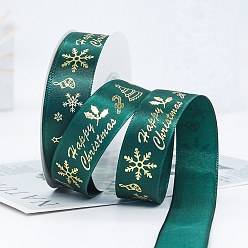 Teal 22M Flat Christmas Snowflake Printed Polyester Satin Ribbons, Hot Stamping Ribbons, Teal, 1 inch(25mm), about 24.06 Yards(22m)/Roll