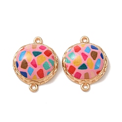 Pearl Pink Printed Alloy Enamel Connector Charms, Mosaic Half Round Links, Rack Plating, Golden, Pearl Pink, 22x18x6.5mm, Hole: 1.2mm