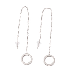 Stainless Steel Color Long Chain with Open Ring Dangle Stud Earrings, 304 Stainless Steel Ear Thread for Women, Stainless Steel Color, 101mm, Pin: 1mm