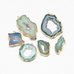 Dark Cyan Natural Druzy Agate Pendants, with Golden Tone Iron Findings, Dyed, Nuggets, Dark Cyan, 20~60x13~50x4~8mm, Hole: 1~4mm