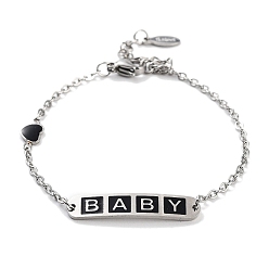 Черный 201 браслеты в форме сердца и прямоугольника из нержавеющей стали с звеньями Word Baby, женские браслеты с эмалью, чёрные, 6-1/2 дюйм (16.5 см)