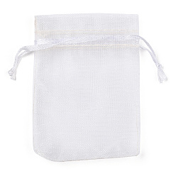 White Rectangle Jewelry Packing Drawable Pouches, Organza Gift Bags, White, 9x7cm