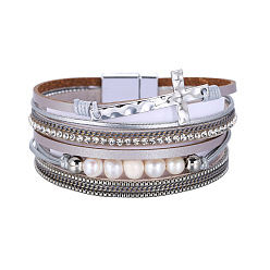 silver Bohemian PU Leather Bracelet with Multi-layer Wide Cross Handmade Pearl Bracelet.