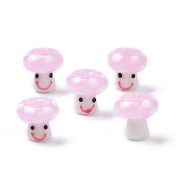Pink Handmade Lampwork Beads, Smiling Face Mushroom Beads, Pink, 13x13mm, Hole: 3mm