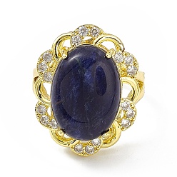 Sodalite Natural Sodalite Flower Adjustable Ring with Cubic Zirconia, Golden Brass Jewelry for Women, Cadmium Free & Lead Free, US Size 8 1/2(18.5mm)