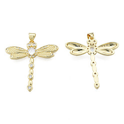 Real 18K Gold Plated Brass Micro Pave Clear Cubic Zirconia Pendants, with Brass Snap on Bails, Nickel Free, Dragonfly, Real 18K Gold Plated, 34x32x3.5mm, Hole: 3x4mm