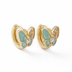 Turquoise Clear Cubic Zirconia Butterfly Hoop Earrings with Enamel, Real 18K Gold Plated Brass Jewelry for Women, Lead Free & Cadmium Free, Turquoise, 11.5x13x10mm, Pin: 1mm