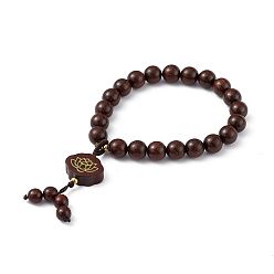 Coffee Sandalwood Round Beaded Stretch Bracelet, Lotus Charms Chinese Lucky Bracelet for Women, Coffee, Inner Diameter: 2-1/8 inch(5.5cm)