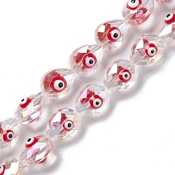Red Transparent Evil Eye Glass Beads Strands, with Enamel, Faceted, Teardrop, Red, 11.5~12x9x9~9.5mm, Hole: 1.2mm, about 35pcs/strand, 15.94''~16.14''(40.5~41cm)