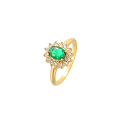 Green Cubic Zirconia Oval Finger Ring, Golden Stainless Steel Finger Ring, Green, US Size 8(18.1mm)