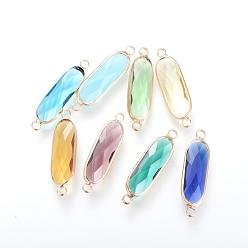 Mixed Color Glass Links connectors, with Brass Findings, Faceted, Oval, Mixed Color, 31.5x8.5x4.5mm, Hole: 2.5mm