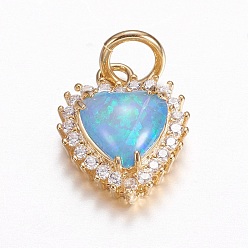 Light Sky Blue Brass Micro Pave Cubic Zirconia Charms, with Synthetic Opal, Heart, Golden, Light Sky Blue, 14x11.5x5mm, Hole: 4mm