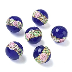 Темно-Синий Бусины ручной работы золотой фольги стекла, с эмалью, круглый с цветком розы, темно-синий, 16.5~17.5 мм, отверстие : 1.6 мм
