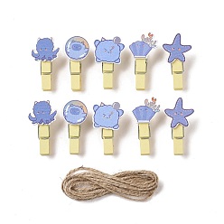 Cornflower Blue Animal Theme Wooden & Iron Clothes Pins, with Hemp Rope for Hanging Note, Photo, Clothes, Office School Supplies, Cornflower Blue, Clip: 38.5~42.5x19~24x12~13mm, 10pcs, Rope: 1400~1450x1.5mm, 1 bundle