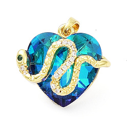 Deep Sky Blue Real 18K Gold Plated Rack Plating Brass Micro Pave Cubic Zirconia Pendants, with Glass, Long-Lasting Plated, Cadmium Free & Lead Free, Snake with Heart, Deep Sky Blue, 21x22.5~23x12.5~13.5mm, Hole: 3.5x5mm