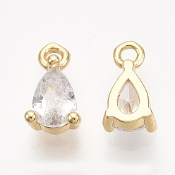Real 18K Gold Plated Brass Cubic Zirconia Charms, Real 18K Gold Plated, Nickel Free, Teardrop, Clear, 9x5x3mm, Hole: 1.2mm