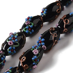 Black Handmade Lampwork Beads, Rice wit Flower, Black, 23x12~13mm, Hole: 1.6mm