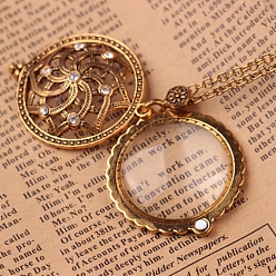 Flower Magnifying Glass Magnetic Locket Pendant Necklaces for Women, with Zinc Alloy Cable Chains, Antique Golden, Flower Pattern, 24.41 inch(62cm)