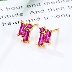 Fuchsia Cubic Zirconia Rectangle Stud Earrings, Golden 925 Sterling Silver Post Earrings, with 925 Stamp, Fuchsia, 8.5x5.8mm