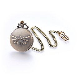 Antique Bronze Alloy Quartz Pocket Watches, with Iron Chains, Flat Round with Word Zelda, Antique Bronze, 14.2 inch(36cm), Watch: 69x46x15mm
