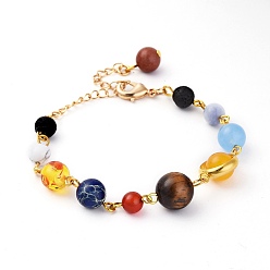 Mixed Stone Universe Galaxy The Nine Planets Guardian Star, Natural Mixed Gemstone Beads Bracelets, with Brass Findings, 6-1/8 inch(15.4cm)