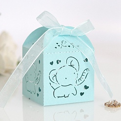 Pale Turquoise Rectangle Foldable Creative Paper Gift Box, Elephant Pattern Candy Box with Ribbon, Decorative Gift Box for Wedding, Pale Turquoise, Fold: 5x5x8cm