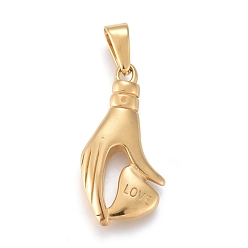 Golden Valentine's Day 304 Stainless Steel Pendants, Hand with Heart & Word Love, Golden, 35x17x5mm, Hole: 3.5x9.5mm