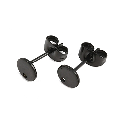 Черный Ионное покрытие (ip) 304 детали серьги-гвоздики из нержавеющей стали, с петлей и плоской пластиной, плоско-круглые, чёрные, 6x0.8 мм, отверстие : 1 мм, штифты : 0.8 мм