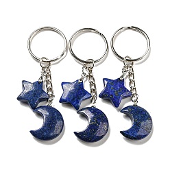 Ляпис-Лазурь Брелки с подвесками из натурального лазурита Рейки в виде луны и звезды, с железными кольцами для ключей, 7.8 см