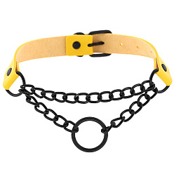 (black circle) yellow Dark Punk Leather Collar Necklace with Round Rings and Chain for Street Style