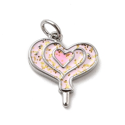 Pink Латунь эмаль подвески, сердце леденец, стойки покрытие, долговечный, без кадмия и без свинца, платина, с целью перехода в кольце, розовые, 16x14x2 мм, отверстие : 3.2 мм
