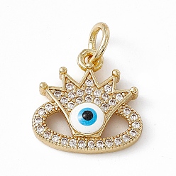 White Rack Plating Brass Enamel Cubic Zirconia Charms, Crown with Evil Eye Charm, with Jump Ring, Long-Lasting Plated, Real 18K Gold Plated, Lead Free & Cadmium Free, White, 15x15x3.6mm, Hole: 4mm